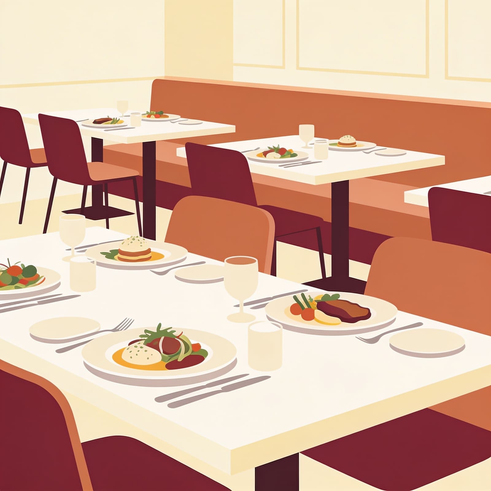 Modernes Restaurant mit gedeckten Tischen und saisonalen Gerichten